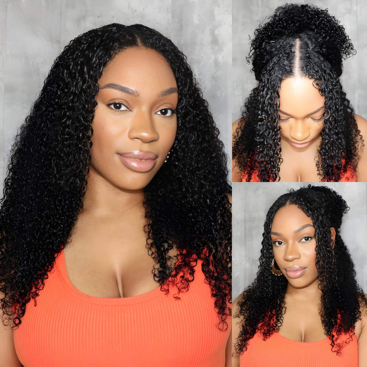 Kinky curly V Part wig in natural color shown on model with versatile styling, including middle part and half-up styles.