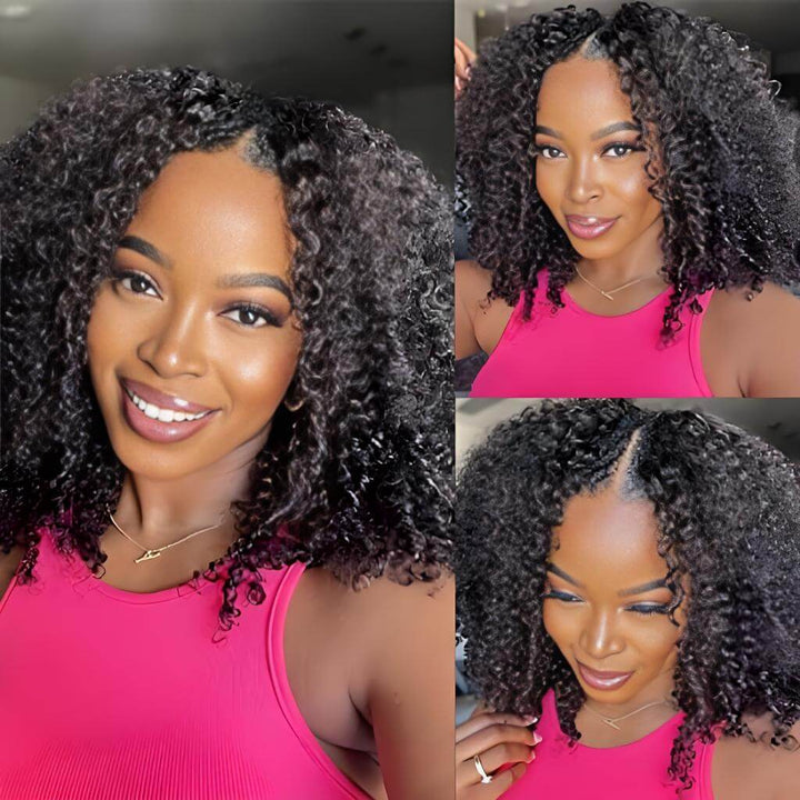Short-length kinky curly V Part wig in natural color shown on model with middle part and voluminous curls.