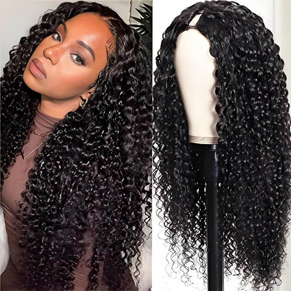Kinky curly V Part wig in natural color shown on model and mannequin head, highlighting full curly volume.