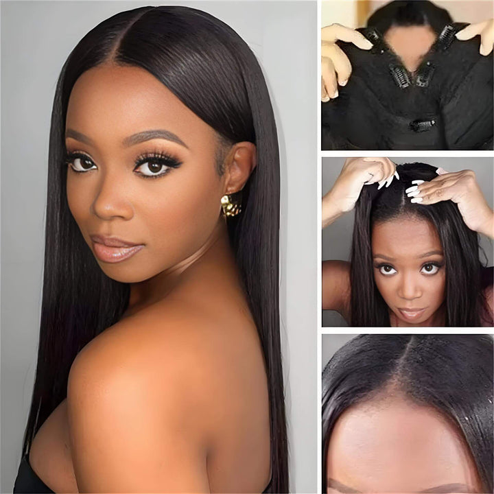Step-by-step installation guide of straight V Part wig in natural color showing clips and blending with real hair.