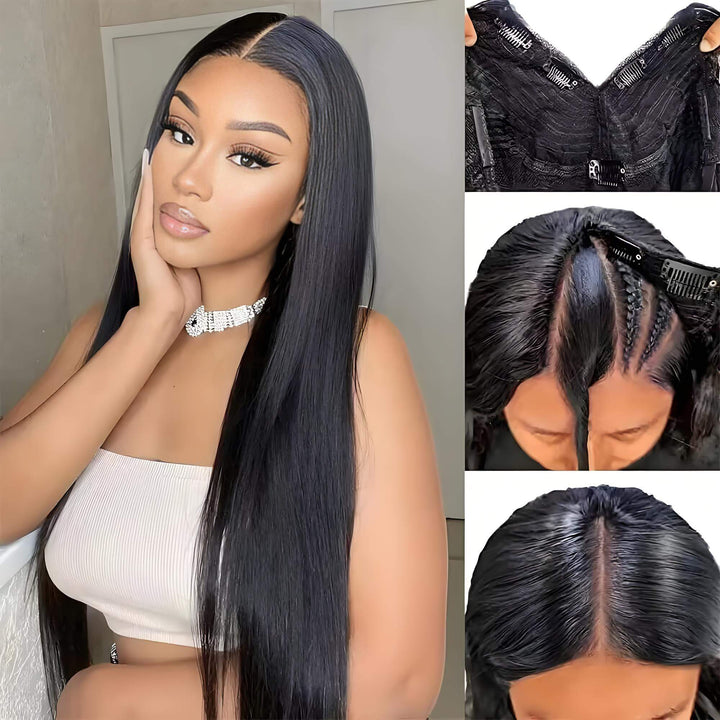 Close-up of straight V Part wig in natural color showing installation process with clips and natural part blending.