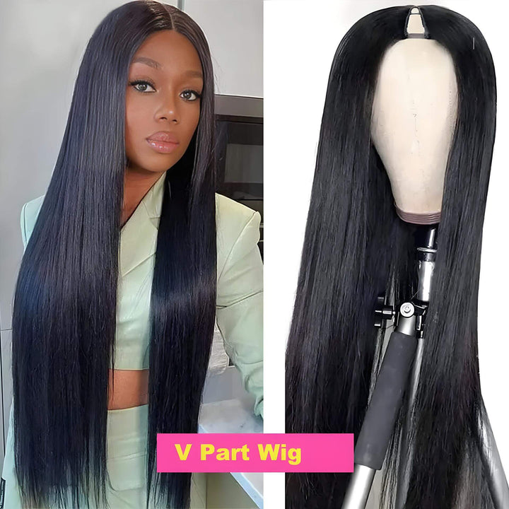 Straight V Part wig in natural color displayed on mannequin and model, long and smooth natural style.