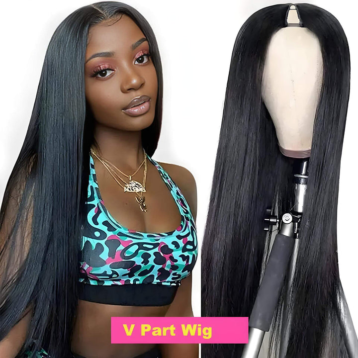 Straight V Part wig in natural color shown on mannequin and model side-by-side, silky long hairstyle.