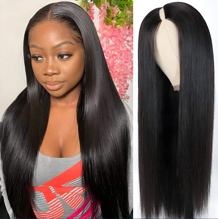 Straight V Part wig in natural color shown on model and mannequin head, sleek and shiny long hairstyle.