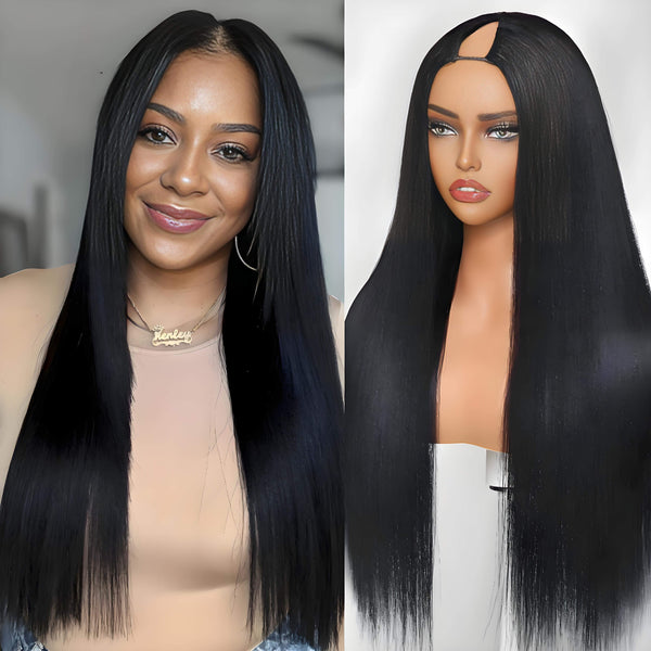 Straight V Part wig in natural color displayed on mannequin and model, showing natural part and smooth texture.