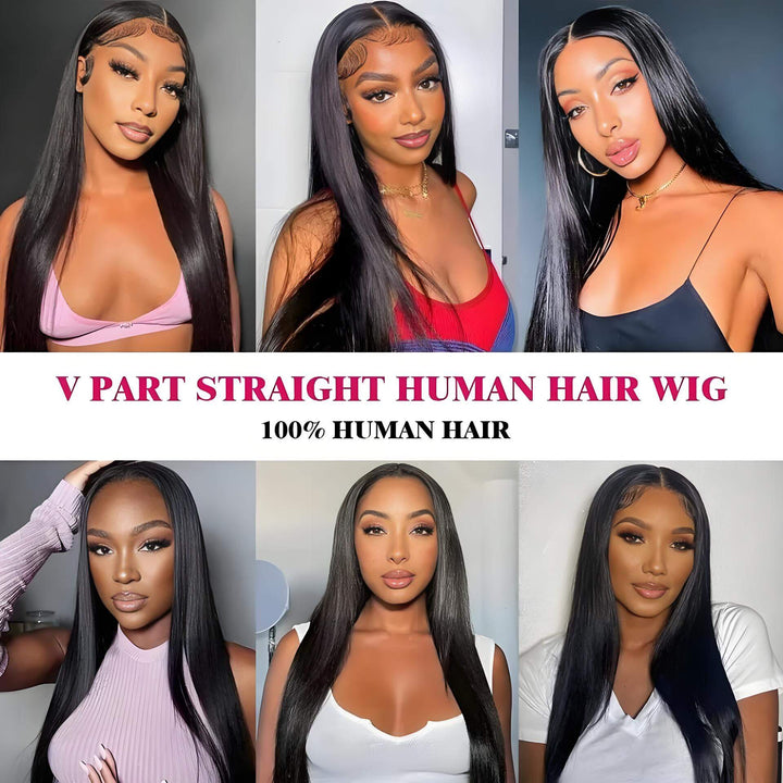 Straight V Part wig in natural color shown on multiple models, highlighting natural hairline and sleek styling.