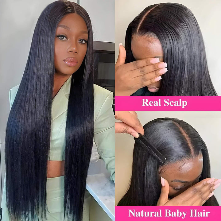 Straight V Part wig in natural color with real scalp effect and natural baby hair, close-up details for realistic look.