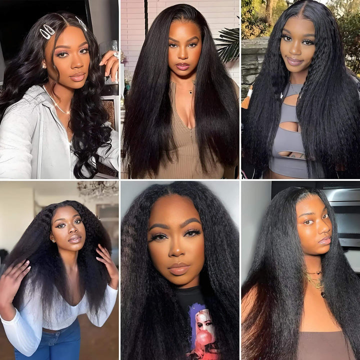 Six different women showcasing Yaki straight V Part wig in natural color, featuring thick, voluminous texture.