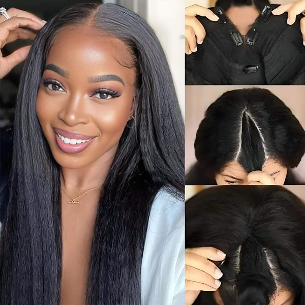 Yaki straight V Part wig in natural color shown during installation, with leave-out blending and secure clip placement.