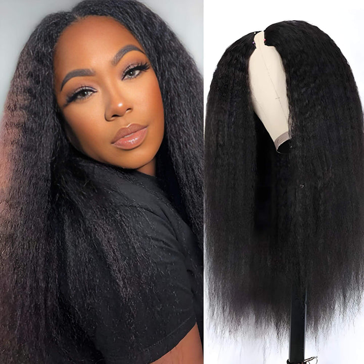 Mannequin and model wearing Yaki straight V Part wig in natural color, highlighting full density and sleek texture.