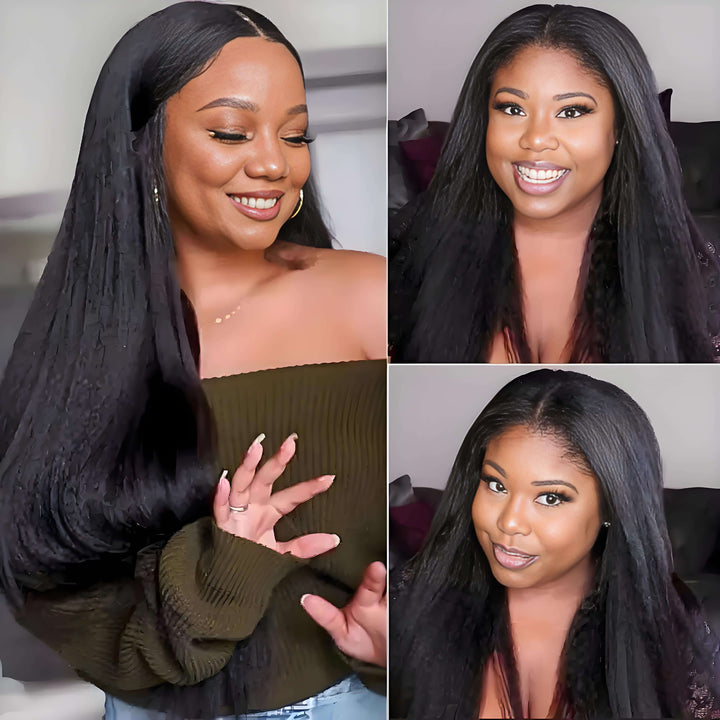 Multiple models wearing Yaki straight V Part wig in natural color, showing versatile everyday styling options.