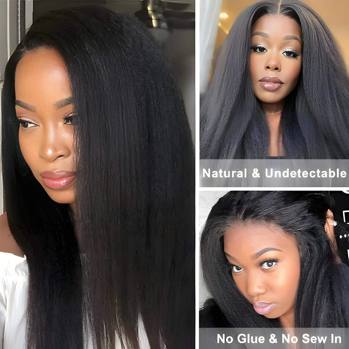 Yaki straight V Part wig in natural color with natural undetectable hairline, no glue and no sew-in required.