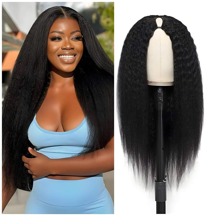 Outdoor model wearing Yaki straight V Part wig in natural color, shown alongside mannequin wig head for length display.