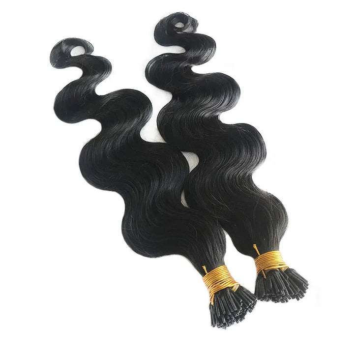 Virgin human hair I-tip extensions from EuxmeHair in a deep body wave style, wrapped in gold tie.