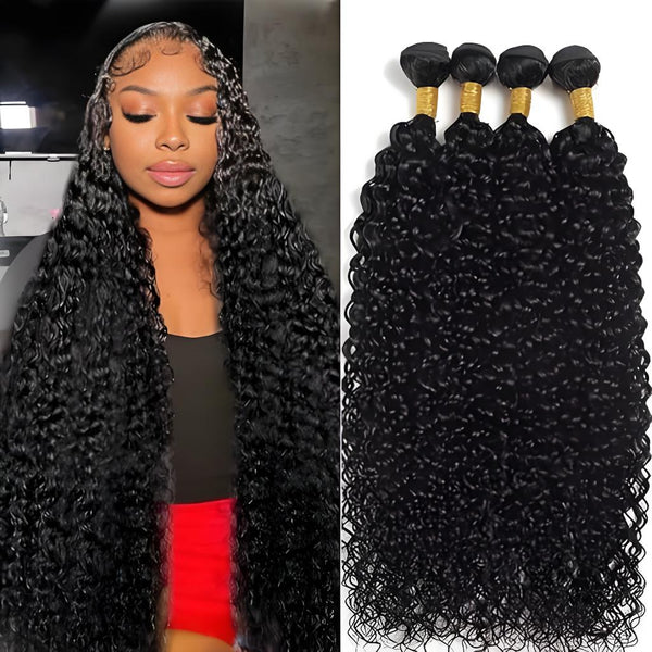 Side-by-side image showing a model wearing long water wave hair and four bundles of natural black virgin hair.