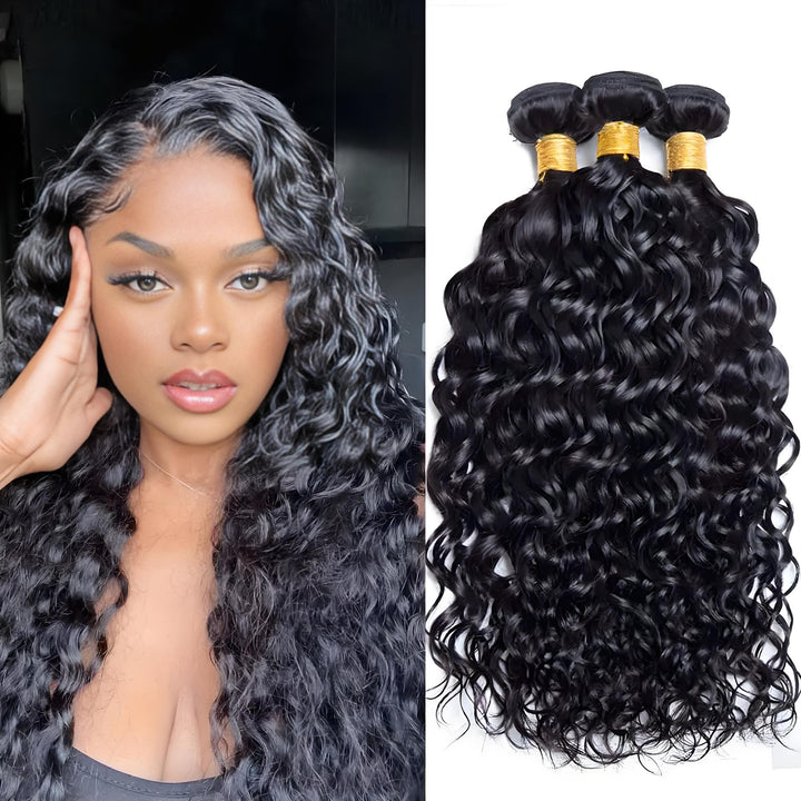 Split image showing a model with wet-look water wave hair next to three thick bundles of the same texture.