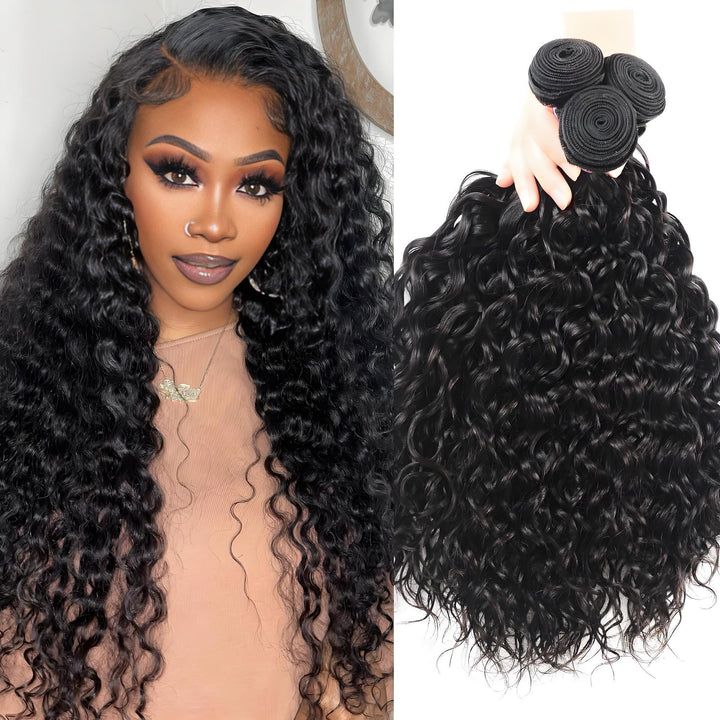 Model wearing water wave hair beside a clear view of the hair bundles showing the double weft top and voluminous curls.