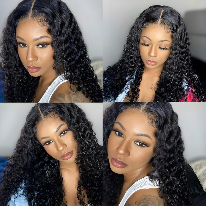 Collage of a model showing different angles and styles with natural black water wave bundles, styled with middle part and baby hair.