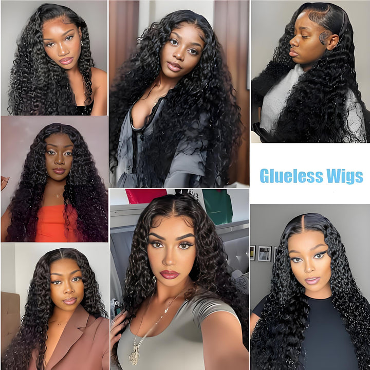 Customer photo collage wearing EuxmeHair glueless water wave wig in various natural hairstyles.