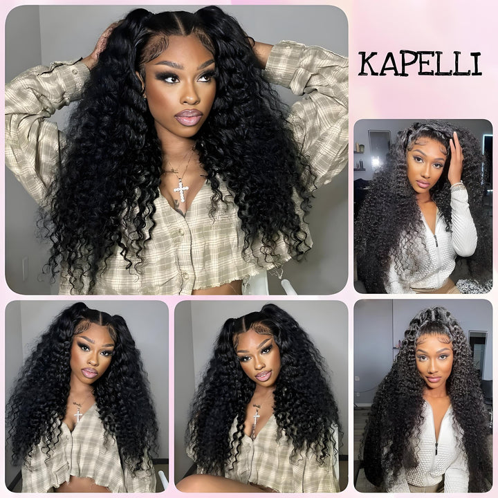 Customer photo collage displaying water wave HD lace wigs with different styling options.