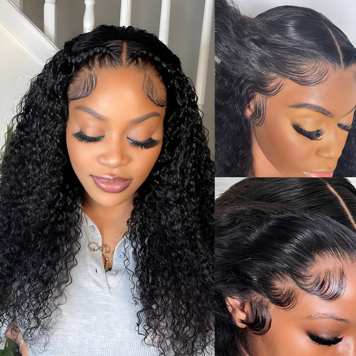 Model showcasing glueless water wave wig with natural curls, clear lace front, and side parting.