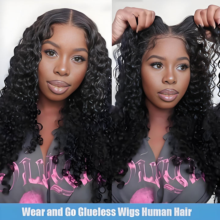 Wear and go glueless water wave wig shown on model, with pre-plucked hairline and defined curls.