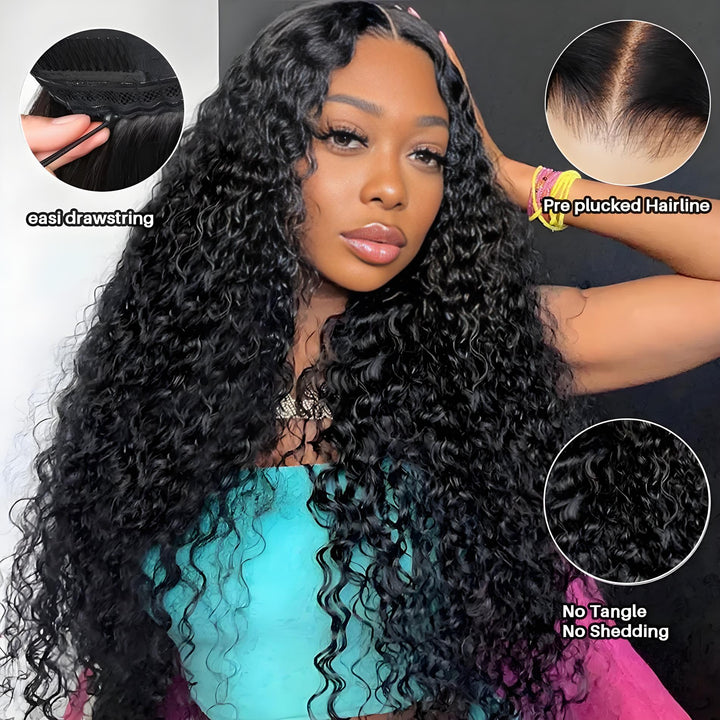 Water wave lace wig showing pre-plucked hairline, drawstring cap, and tangle-free curls.