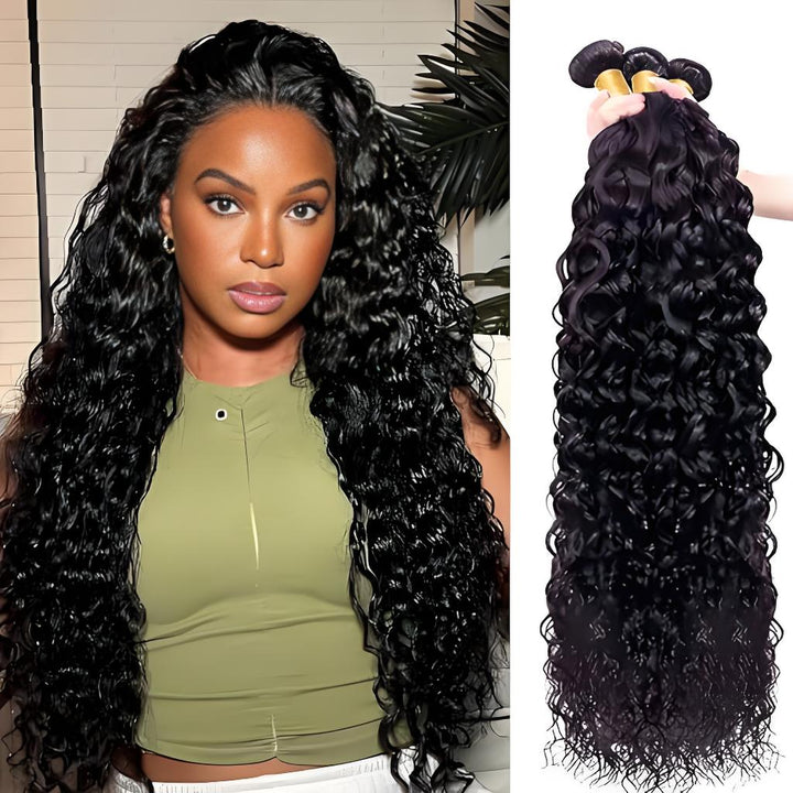 A woman showcasing water wave virgin hair in a sleek center-part style next to long, shiny bundles of the same texture.