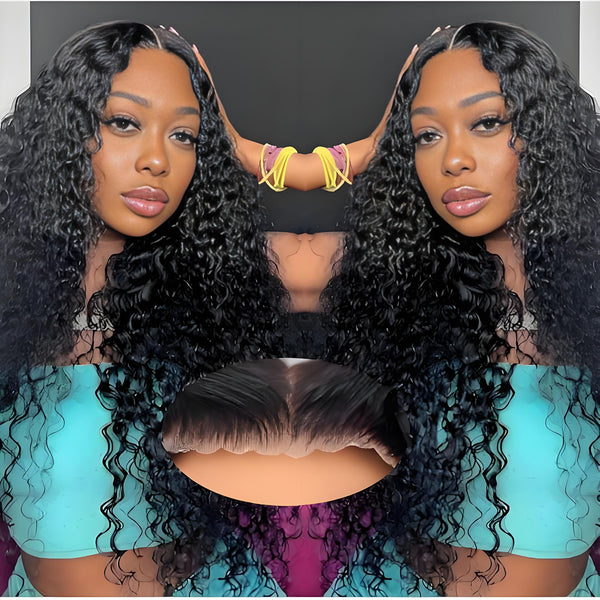 Double view of model with water wave wig and inset of HD lace hairline blend for realistic look.