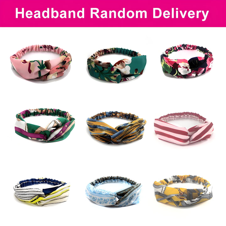 Various colorful headbands for headband wigs shown in random delivery options with floral, stripe, and pattern styles.