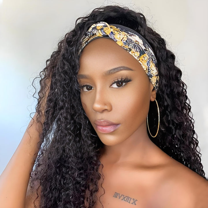 Close-up of woman wearing water wave headband wig with yellow floral band, showing soft curls and smooth hairline.