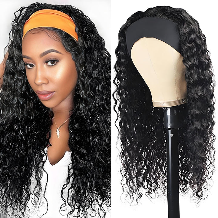 Side-by-side view of water wave headband wig on model and mannequin, highlighting wavy texture and black base band.
