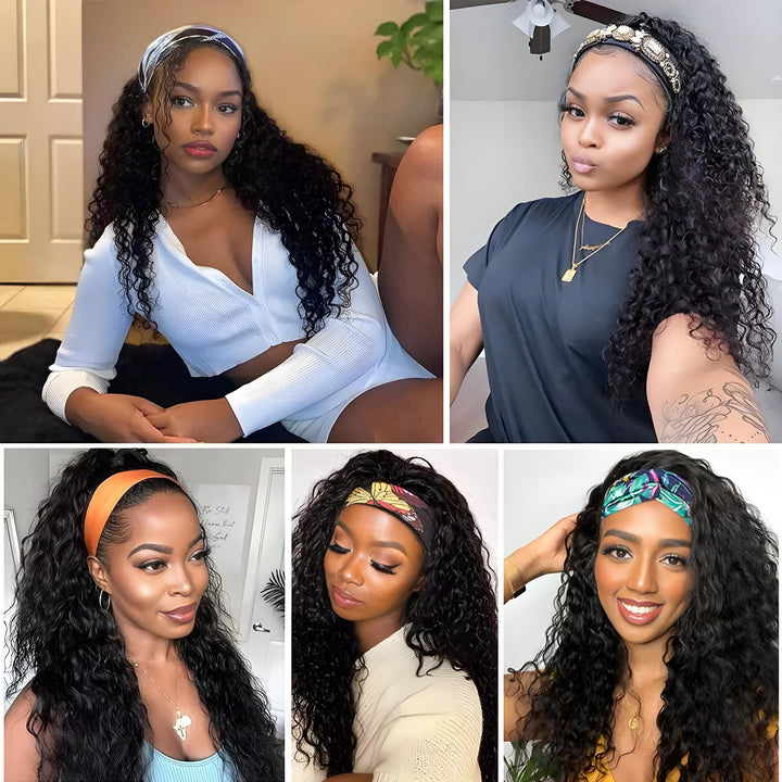Multiple models showcasing water wave headband wig in natural color with different headband styles and outfits.