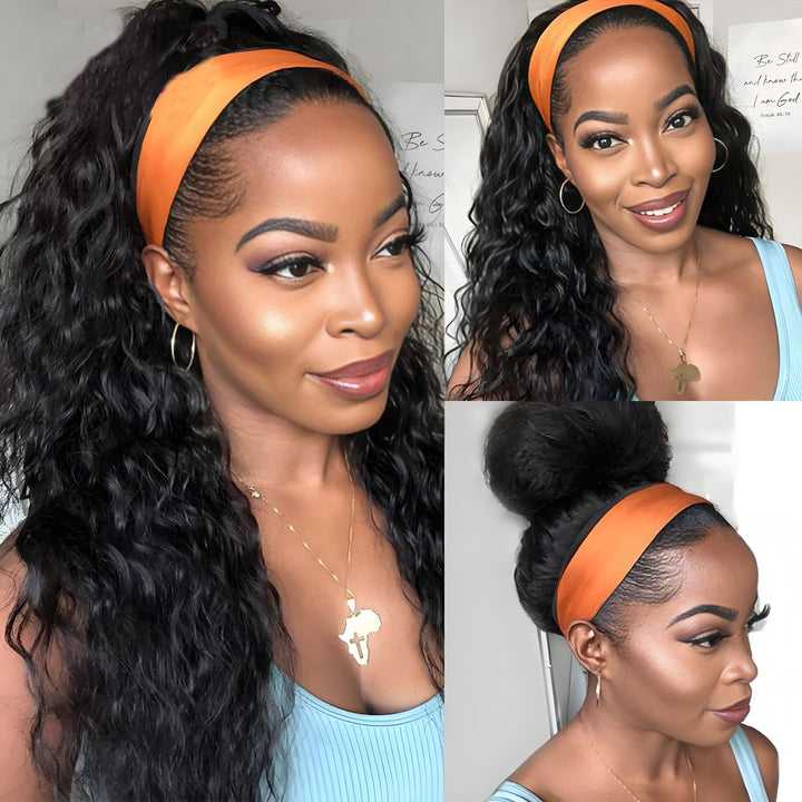 Model styling water wave headband wig with bright orange band in ponytail and bun hairstyles.