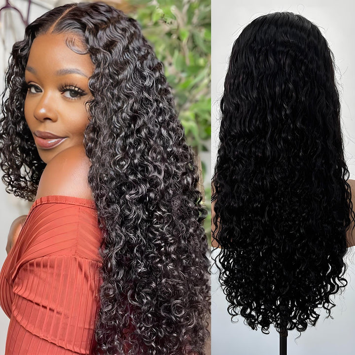 Natural water wave wig showing full density and defined curls from back and side view.