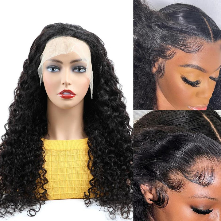 Front and side view of wig on mannequin with detailed HD lace edges and wet wave texture.