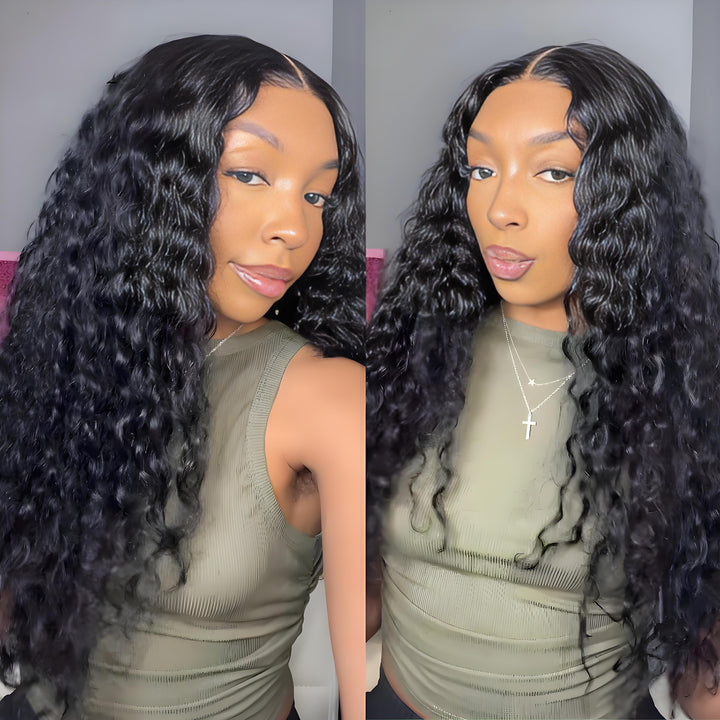 Two close-up views of a woman wearing natural black water wave bundles, showing the shiny texture and defined waves.