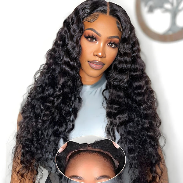 HD lace closure with natural-looking hairline and baby hair on long water wave wig.