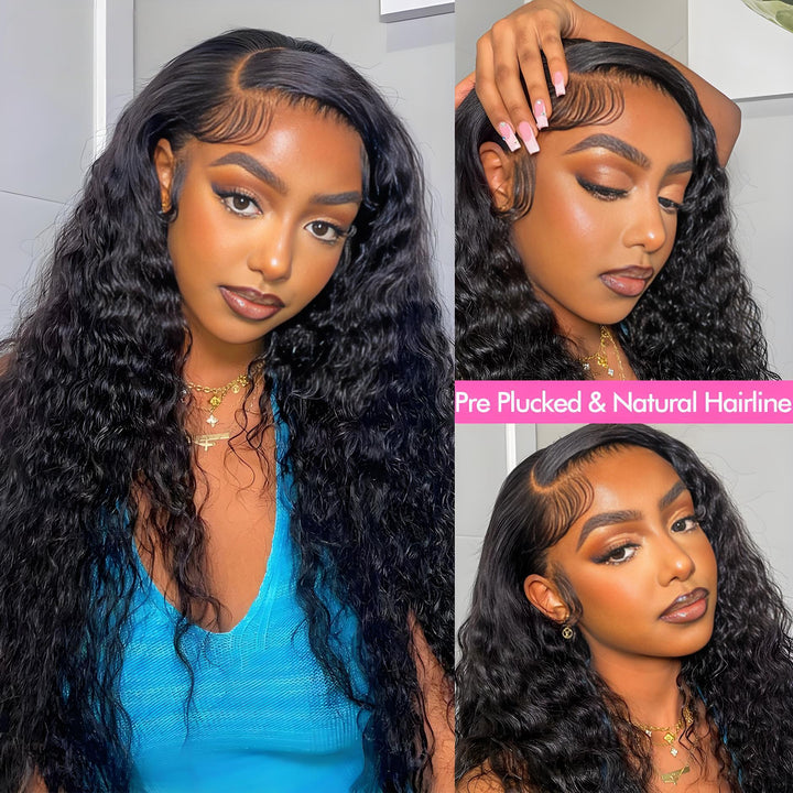 Close-up collage of woman wearing water wave wig with defined baby hairs and natural pre-plucked hairline.