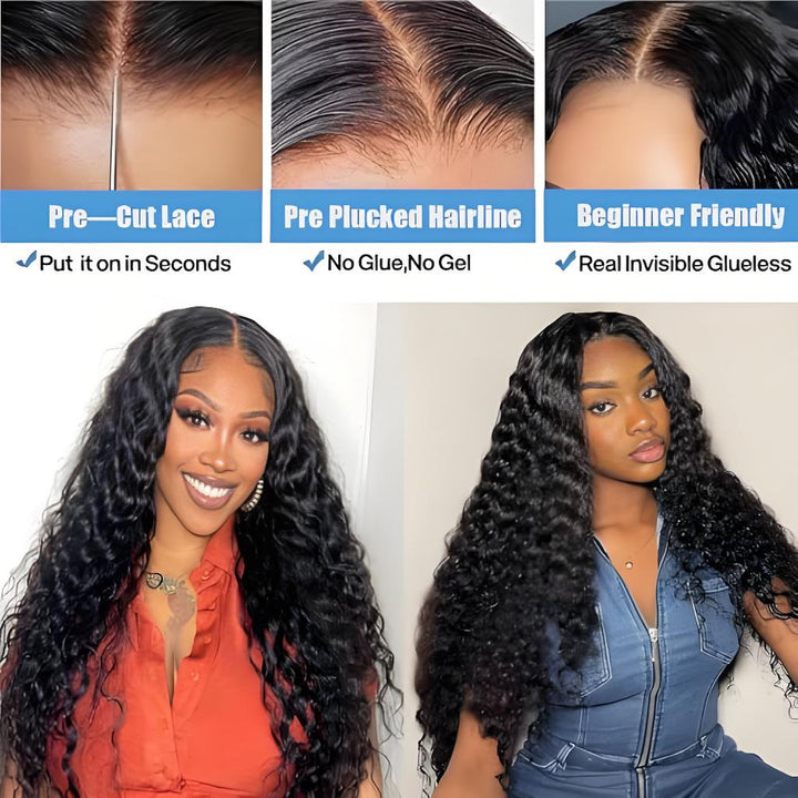 Lace wig features shown including pre-cut lace, pre-plucked hairline, and beginner-friendly fit on models.