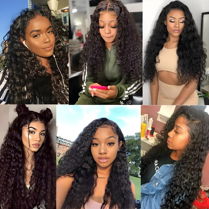 Six real customers wearing water wave bundles in various styles including side parts, updos, and casual down styles.