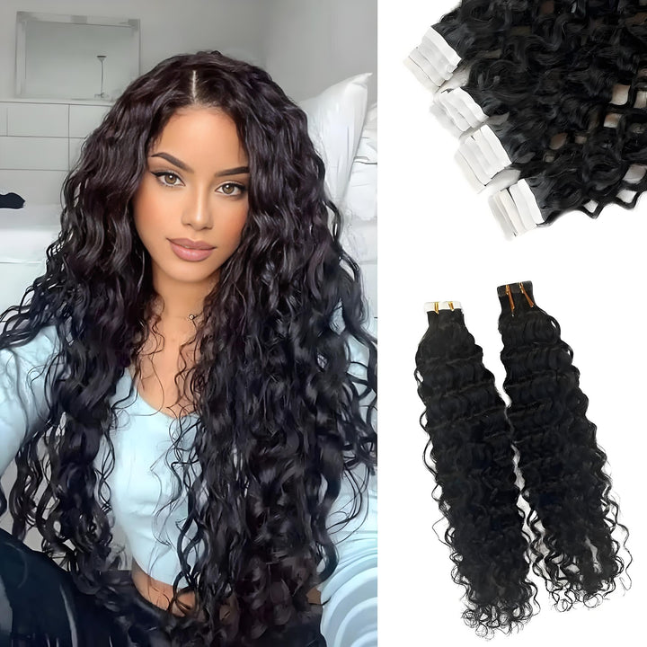 Full set of natural color water wave tape in hair extensions laid out neatly showing uniform curl pattern.