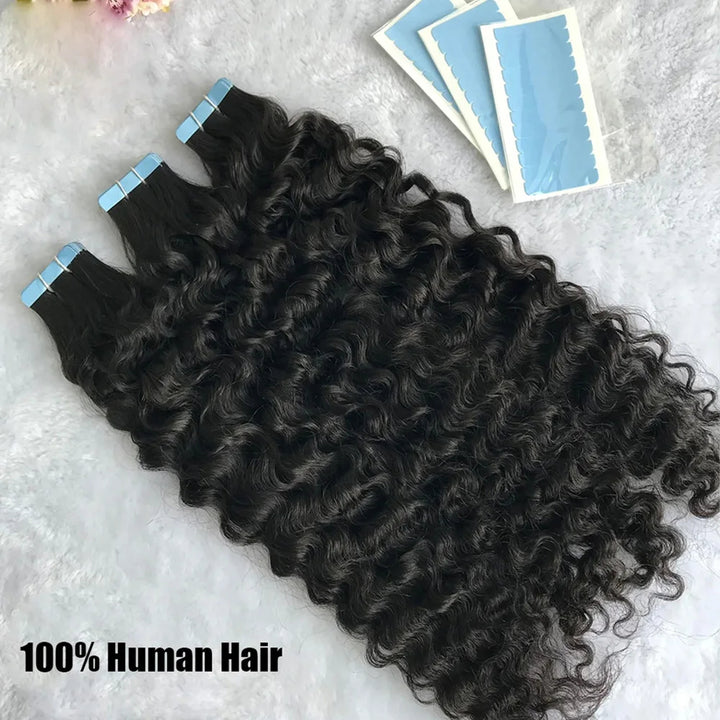 Step-by-step installation process of natural color water wave tape in hair extensions on sectioned hair.