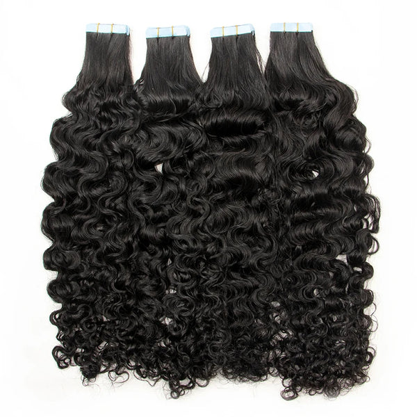 Natural color water wave tape in hair extensions installed on model, blending seamlessly with natural hair.