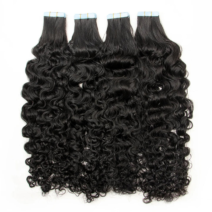 Natural color water wave tape in hair extensions installed on model, blending seamlessly with natural hair.