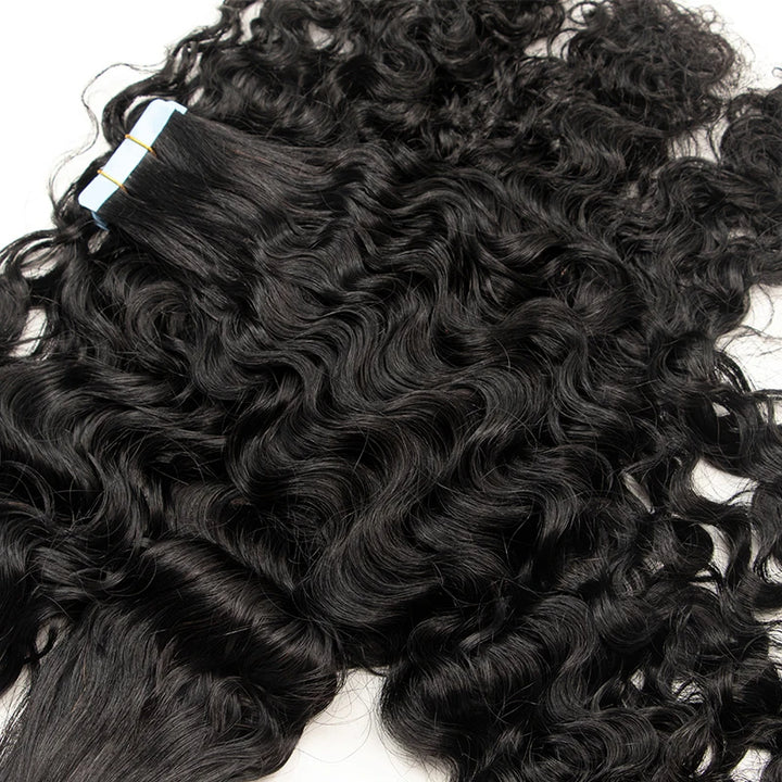 Side view showing thickness and volume of natural color water wave tape in hair extensions.