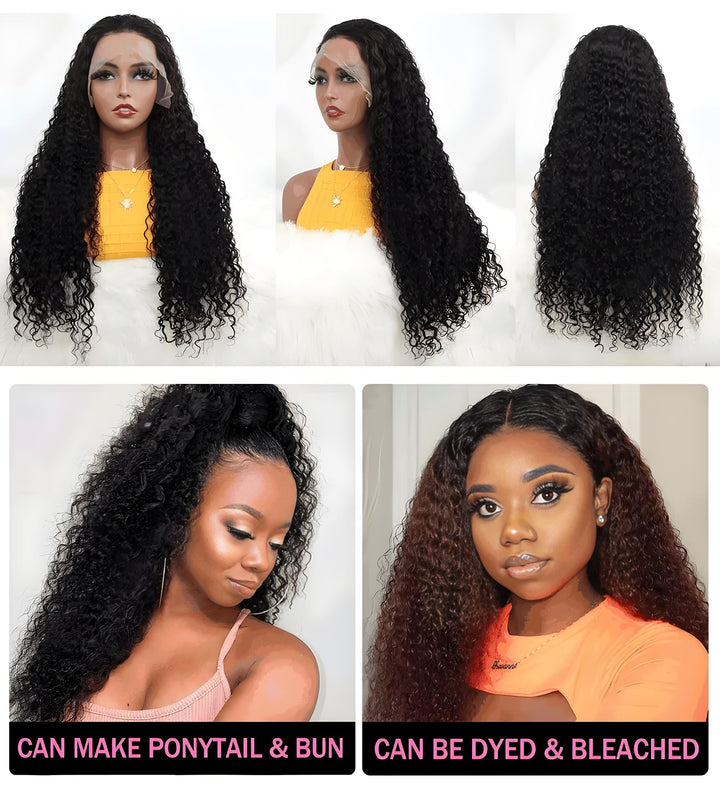 Water wave wig shown in various styles including ponytail, bun, and dyed look with ombré effect.