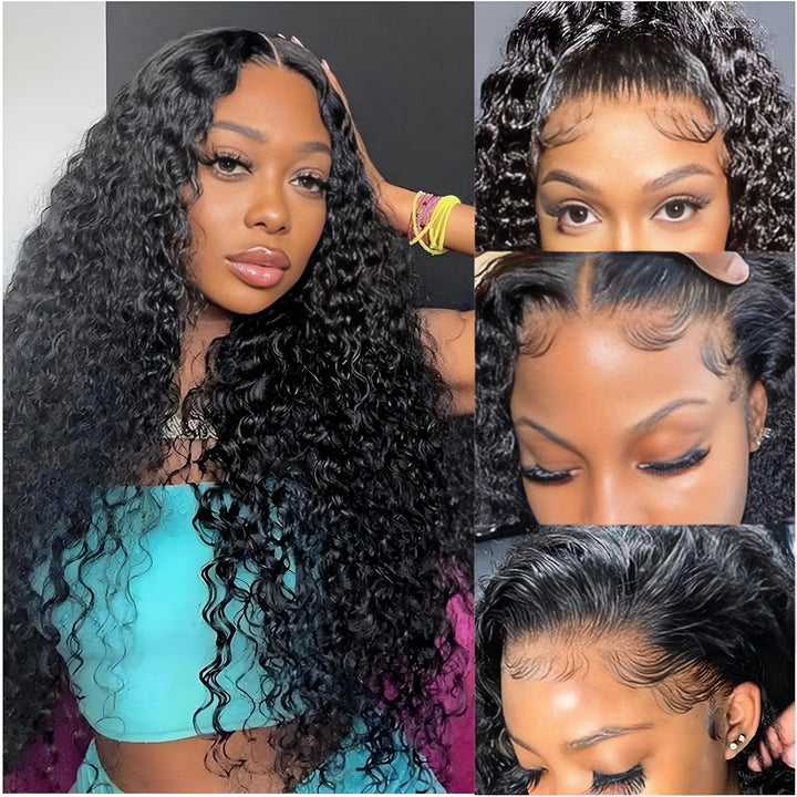 Showcase of multiple baby hair styles on HD lace water wave wig with natural parting.