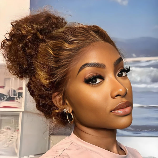 Ginger brown curly wig styled in a soft top bun, showcasing natural edges and realistic hairline.