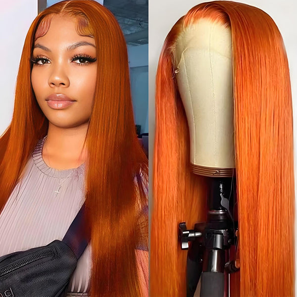 13x4 HD lace ginger orange wig displayed on model and mannequin showing realistic scalp effect